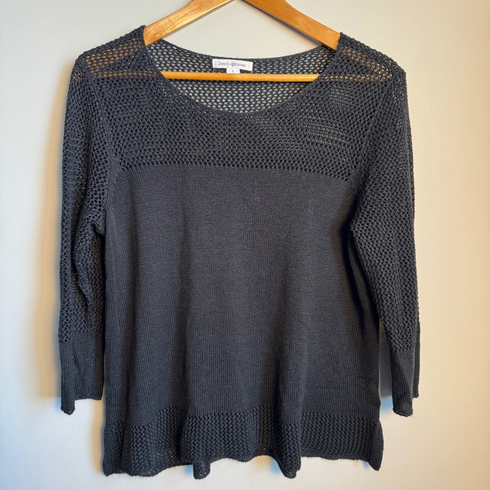 John Paul Richard Womens Knit Sweater 3/4 Sleeve Mesh Top Black Large Whimsigoth